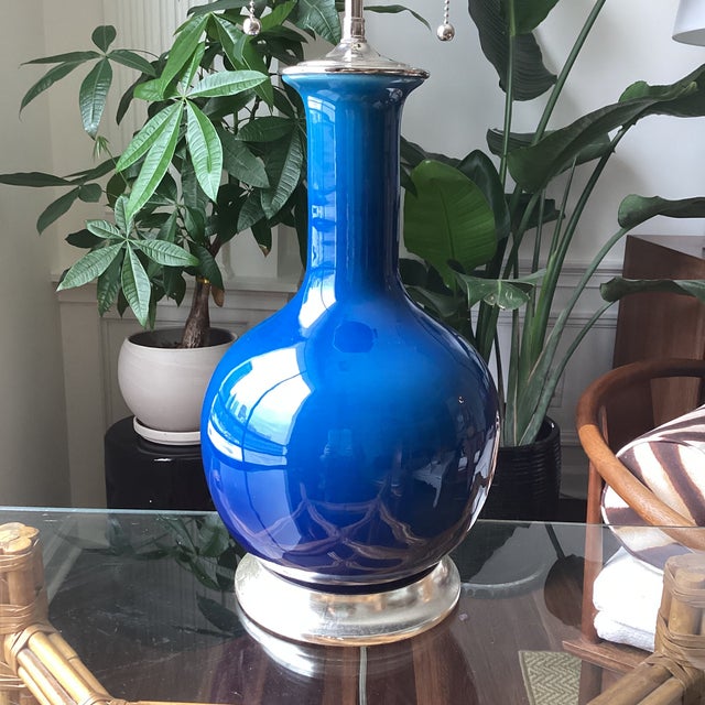 Hand Signed Original Christopher Spitzmiller Prussian Blue Gourd Lamp For Sale - Image 9 of 10