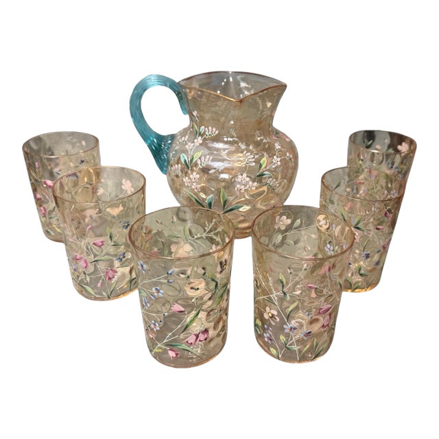 Antique Victorian Floral Hand Painted Enamel Decorated Art Glass Pitcher With 6 Glasses For Sale