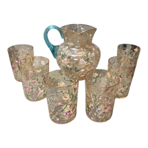 Antique Victorian Floral Hand Painted Enamel Decorated Art Glass Pitcher With 6 Glasses