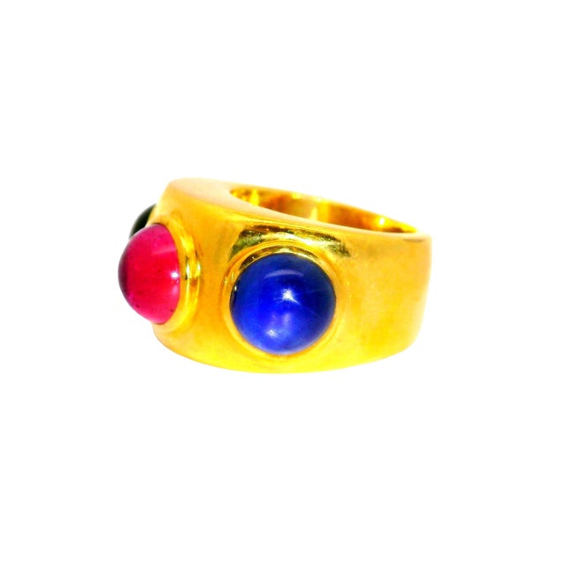Dominique Aurentis Tourmaline Sapphire 22k Yellow Gold Trinity Ring, French, Size 6.5 For Sale - Image 4 of 8