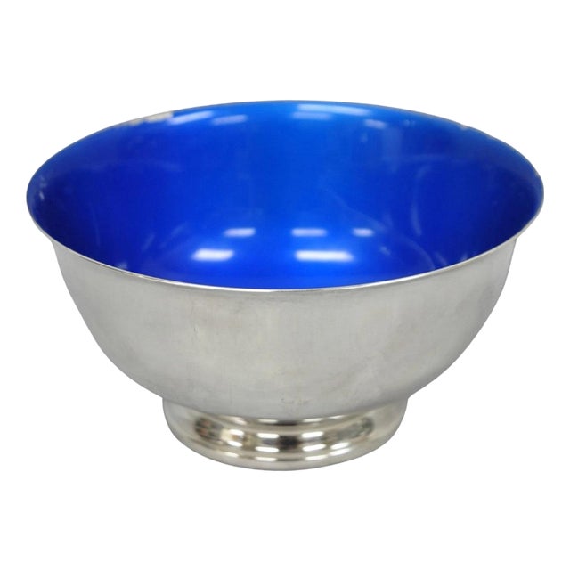 Vintage Reed & Barton 1120 Blue Enamel Silver Plated Small 6.5" Footed Bowl For Sale