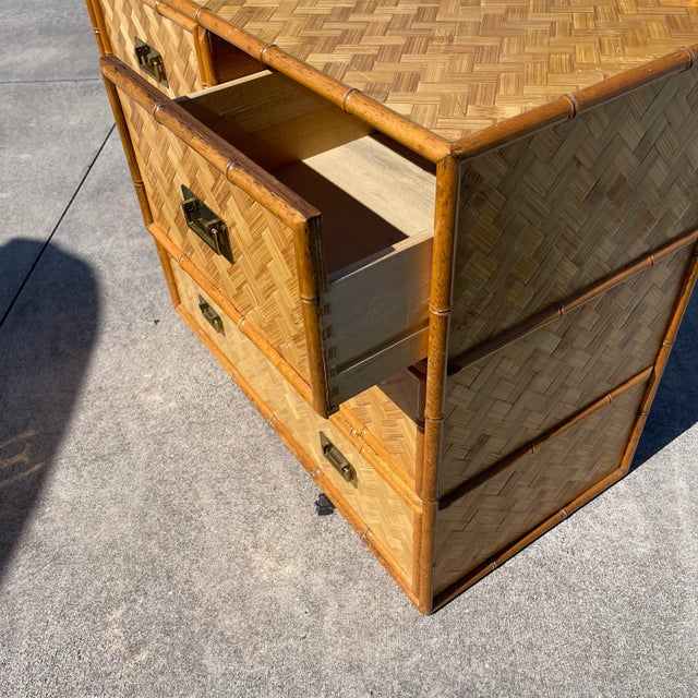 Mid-Century Campaign Style Parquet Woven Bamboo Dresser Chest Drawers For Sale In West Palm - Image 6 of 10