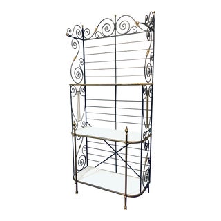 1940s Vintage Black and Gold Scrolled Bakers Rack Shelf For Sale