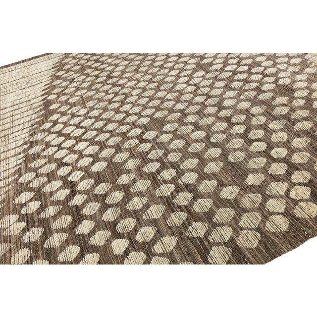 Moroccan Handmade Modern Moroccan Brown Wool Rug With Graphic Geometry Design For Sale - Image 3 of 11