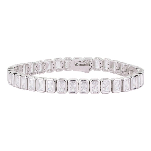 Art Deco Revival Bezel Set Cubic Zirconia Tennis Bracelet in 925 Sterling Silver - Carat&Her For Sale