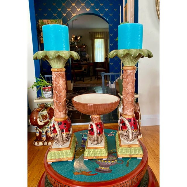 Certified Raymond Waites empire collection, set of three monkey themed pieces, two candleholders, and one bowl. Features...