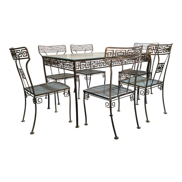1940s Salterini Greek Key Wrought Iron Patio Table & 6 Chairs For Sale