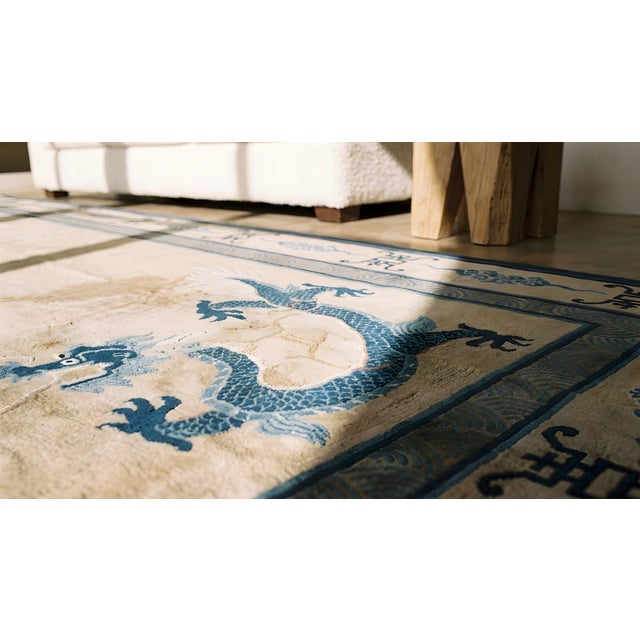 Exceptional Ivory and Blue Color With Dragon Design Antique Chinese Peking Rug For Sale In New York - Image 6 of 7