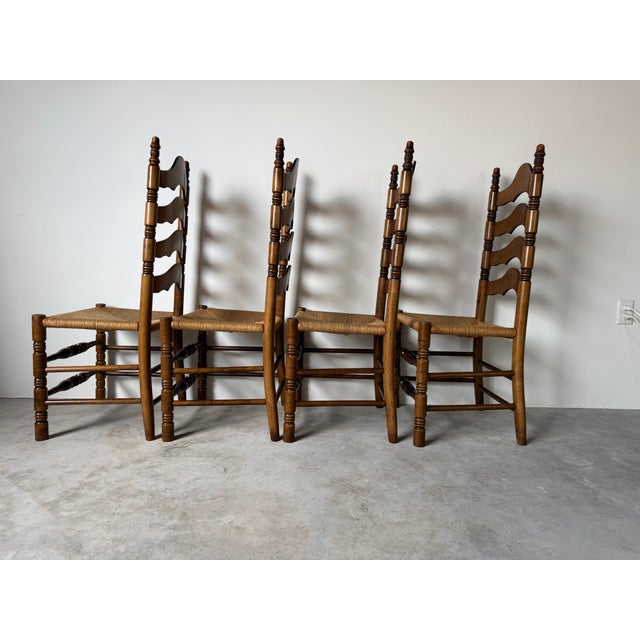 Wood Vintage French Country Style Tall Ladder Back Rush Seat Dining Chairs – Set of 4 For Sale - Image 7 of 18