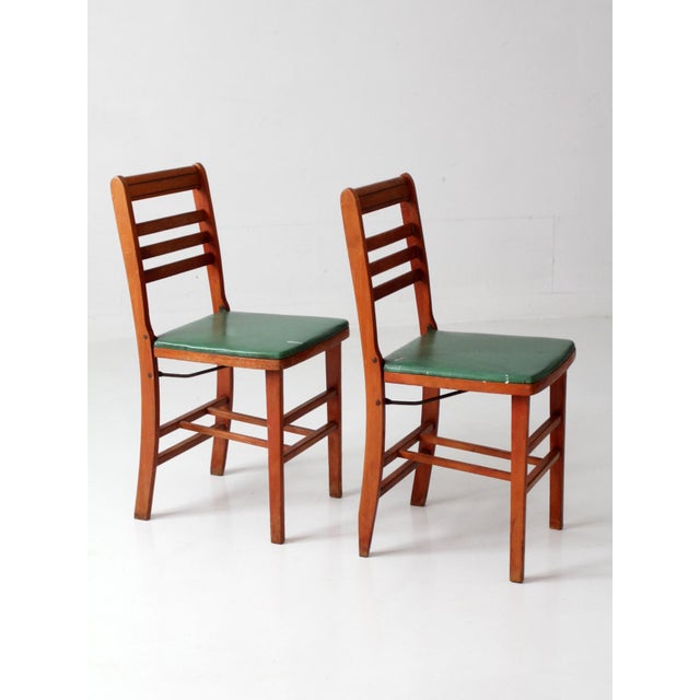 Vintage 1950s Wooden Folding Chairs With Green Upholstered Seats Pair For Sale - Image 11 of 13