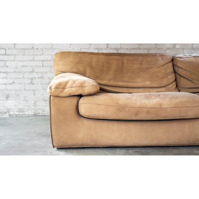 Roche Bobois for Tre Erre S.p.A. buffalo leather sofa in a camel-tan color, circa 2001. Ultra comfort, heavy padded...
