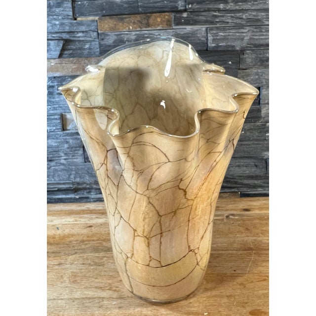 Contemporary Art Glass Iridescent Tan Net Like Pattern Vase For Sale - Image 3 of 12