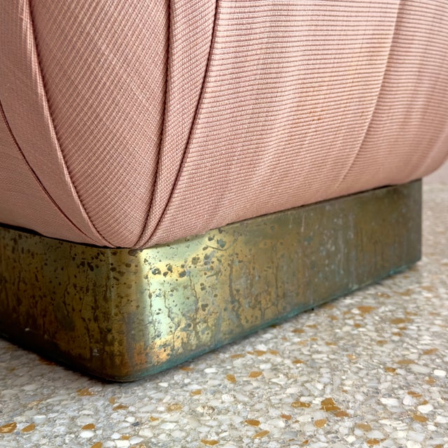 Light Pink Blush-Upholstered Brass-Based Soufflé Ottoman Poufs by Marge Carson Circa 1986 - A Pair For Sale - Image 8 of 12