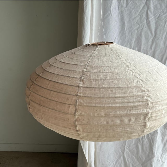 Large Vintage Oval Flattened Pink Rattan and Natural Linen Pendant Light, 1980s For Sale - Image 12 of 18