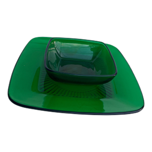 Mid Century Vintage Forest Green Square Bowl & Plate Set of 2