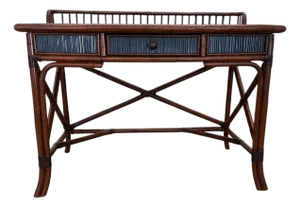 2000s Faux Bamboo Campaign Style Desk Writing Table Bamboo Rattan Wicker Drawer E Murio Style
