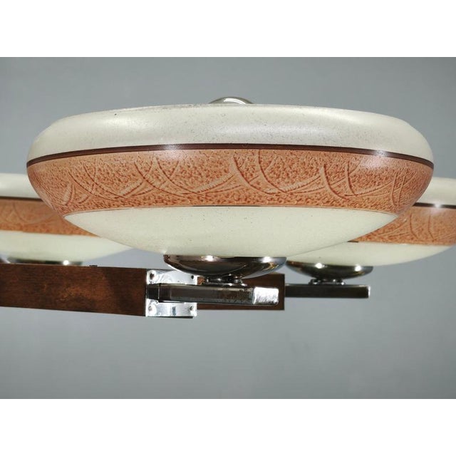 Large Art Deco Wood and Glass Six-Light Chandelier in Chrome, 1930s For Sale - Image 10 of 16