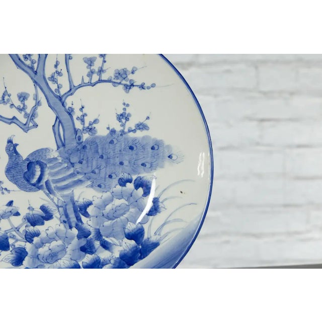 Japanese Blue and White Hand-Painted Porcelain Charger Plate with Peacock Bird For Sale - Image 11 of 13