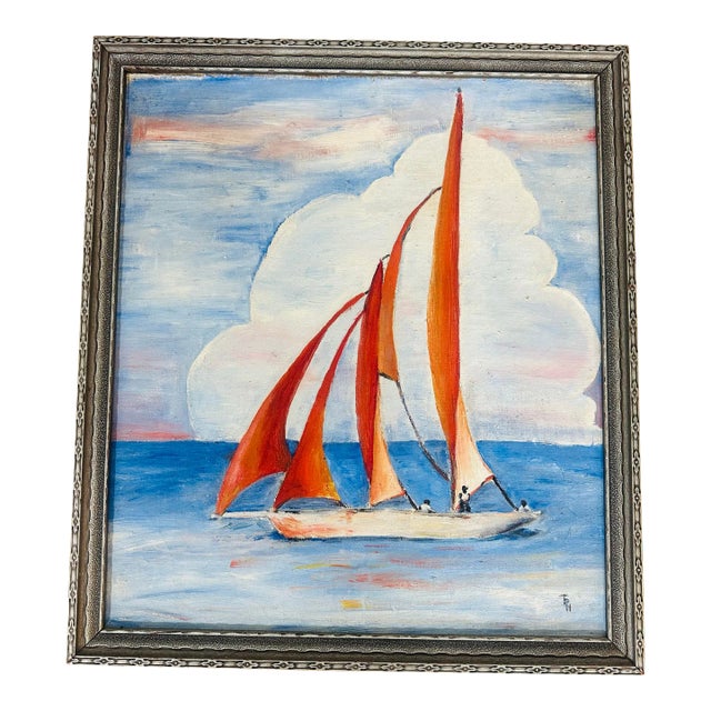 Vintage Oil on Canvas Sailboat Painting For Sale