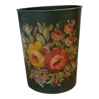 Vintage Hand-Painted Floral Tôleware Oval Wastebasket / Floor Planter For Sale