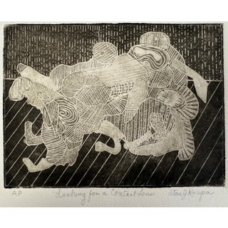 "Looking for a Contact Lens", Abstract Expressionist, Woodblock Print, Artist Stanley J. Krupa For Sale