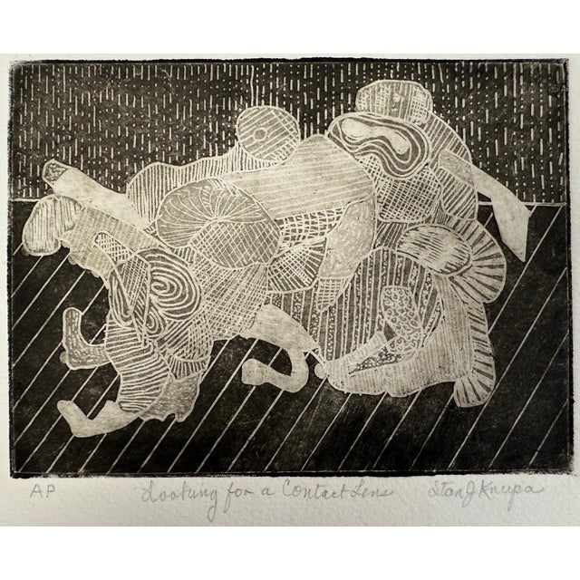 "Looking for a Contact Lens", Abstract Expressionist, Woodblock Print, Artist Stanley J. Krupa For Sale