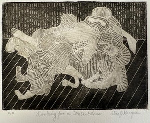 "Looking for a Contact Lens", Abstract Expressionist, Woodblock Print, Artist Stanley J. Krupa