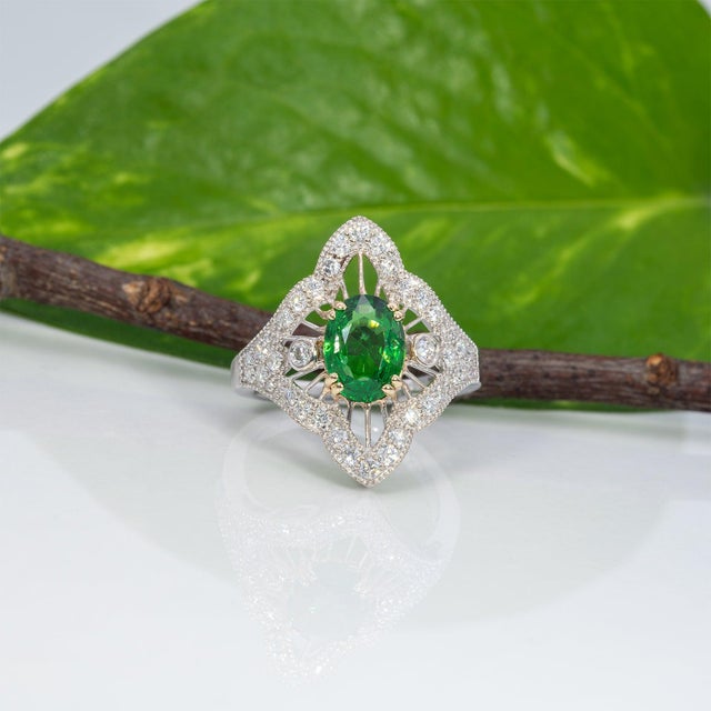 2020s 1.9Ct Tsavorite Garnet Ring With Natural Diamond Accents: Solid 14k Gold, 9x7mm, Size 6.75 For Sale - Image 5 of 9
