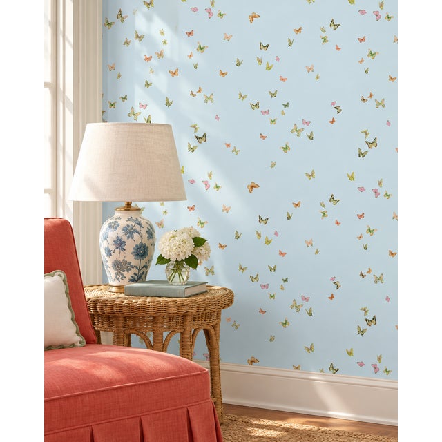 Chinoiserie Butterfly Grove Grasscloth Wallpaper by House Party | Wisteria Blue | 8 Yards For Sale - Image 3 of 12