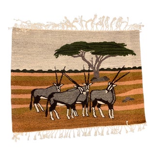 Vintage African Wool Antelope Landscape Wall Hanging For Sale