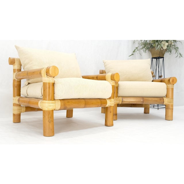 Pair of Thick Bamboo Upholstered Lounge Chairs Mid Century Modern MINT For Sale - Image 13 of 13
