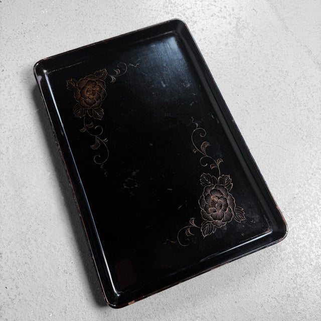 Japanese Lacquered Obon Tray with Peony, 1920s For Sale - Image 13 of 13