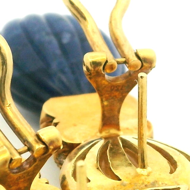 1980s Italian Carved Lapis Topaz Diamond 18k Gold Drop Earrings, Pair For Sale - Image 16 of 17