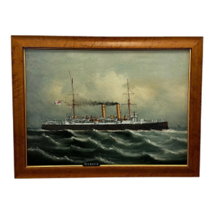 Antique British Framed Oil Painting Ship Blake Class Cruiser Royal Navy HMS Blenheim