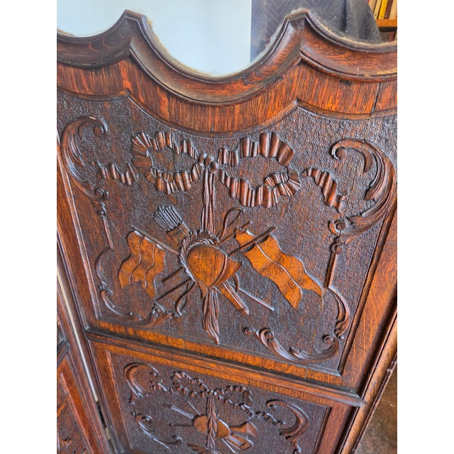 Art Nouveau Three-Panel Hand Carved Oak Screen Military or Musical Dressing Screen For Sale - Image 12 of 13