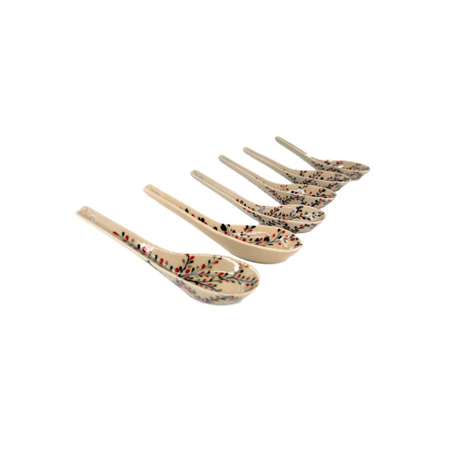 Asian Modern Bat Trang Vietnam Ceramic Soup Spoons Hand Painted With Floral Petal Motif - Set of 6 For Sale - Image 4 of 6