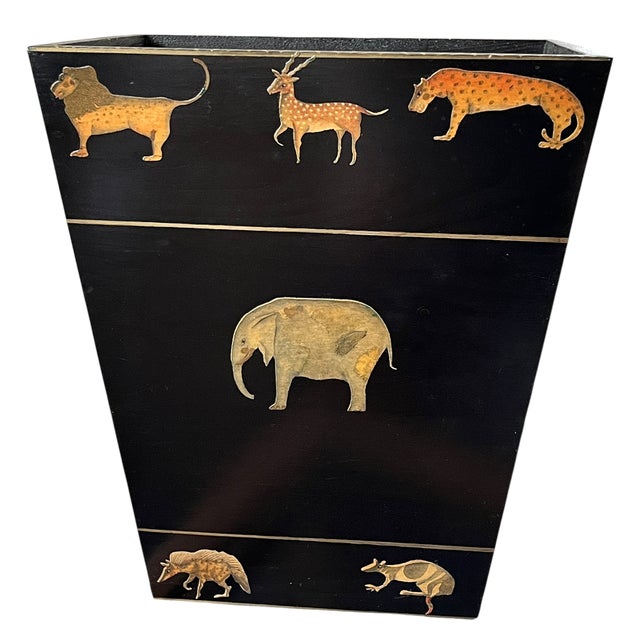 Vintage safari animal wastebasket by The Essex Collection, crafted from solid wood with a black-painted finish and...