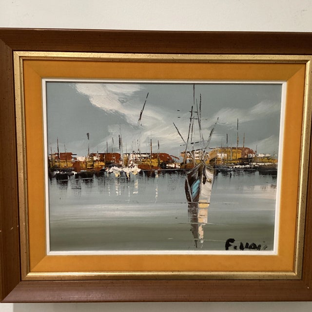 Mid 20th Century Original Oil Painting "Harbor Morning" Signed by Artist Nice vintage original oil painting of ships...