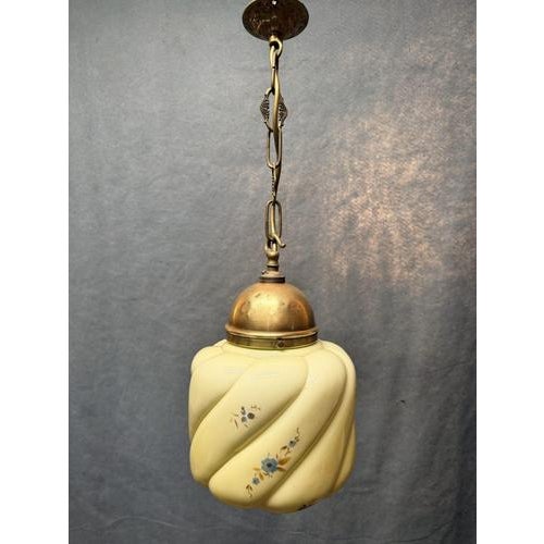 Art Deco floral glass pendant lamp with a beautiful yellow glass shade and brass top, complete with brass chain and...