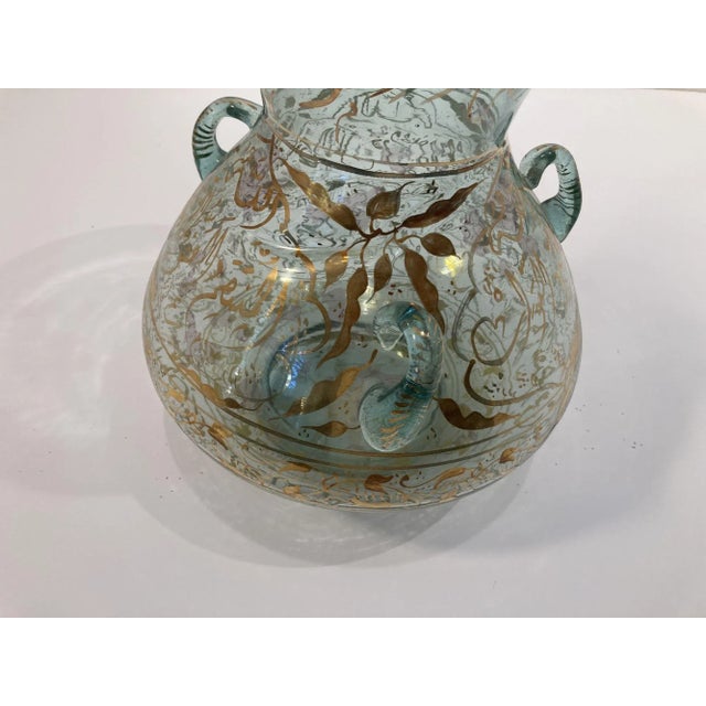 1940s Handblown Mosque Glass Lamp in Moorish Style Gilded With Arabic Calligraphy For Sale - Image 4 of 13