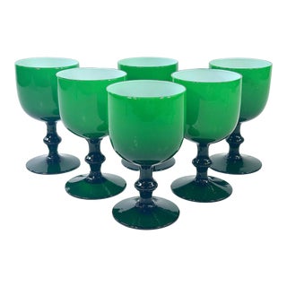 1960s Carlo Moretti Emerald Green Italian Cased Wine Goblet Stemware - Set of 6 For Sale