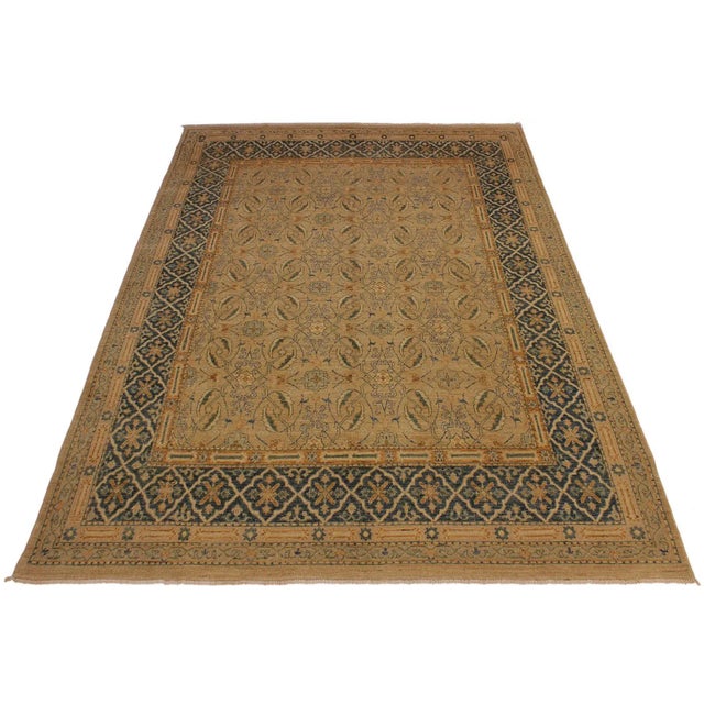 1980s Traditional Semi-Vintage Distressed Low-Pile Tan/Teal Blue Wool Rug - 7'11 X 9'11 For Sale - Image 4 of 8