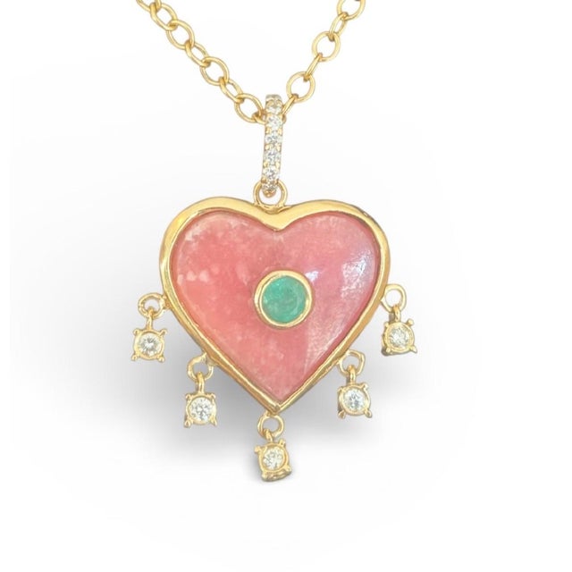 Rhodochrosite Heart Pendant With Emerald, Diamonds & 14k Gold For Sale In New York - Image 6 of 9