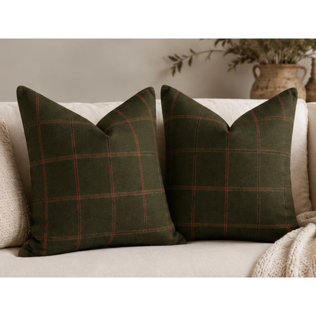 A timeless pair of designer pillows handcrafted from Colefax & Fowler's Lanark, a luxurious 100% wool plaid featuring a...