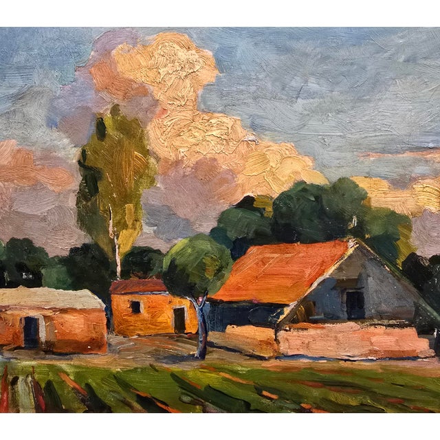 1960s Minas Avetisyan- Red Roof Top Farm House in an Armenian Landscape-Oil Painting For Sale - Image 5 of 12