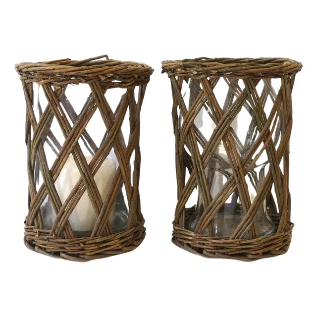 Hurricane Candles Lamps Wicker and Glass, Pair For Sale