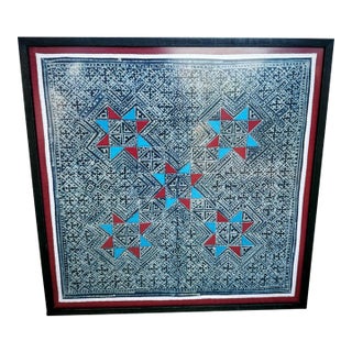 Vintage Indigo Boho Textile Wall Art | Framed Geometric Textile | Red & Turquoise For Sale