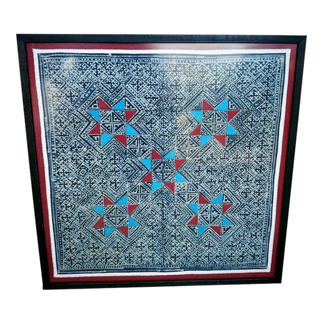 Vintage Indigo Boho Textile Wall Art | Framed Geometric Textile | Red & Turquoise For Sale