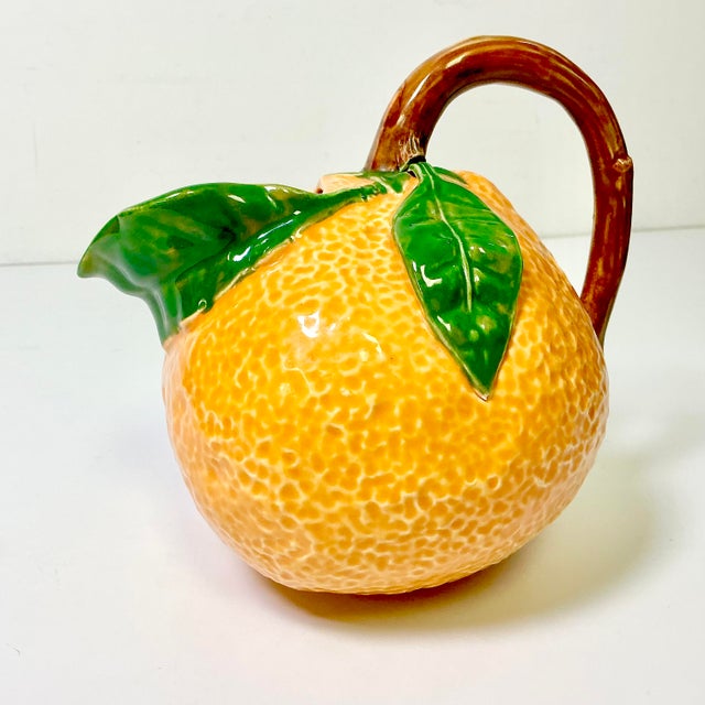 Hollywood Regency Mid 20th Century Coastal Boho Chic Hollywood Regency Majolica Trompe L’Oeil Orange Pitcher For Sale - Image 3 of 15