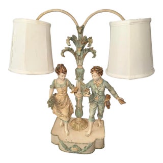 Antique L & F Moreau Figural Double-Light Lamp Collection Francaise - French Renaissance Style With Original Shades Lamp. Foundry Mark. For Sale